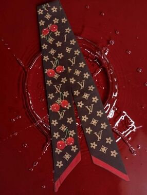 Brown Cherry Monogram Twilly with Red Trim